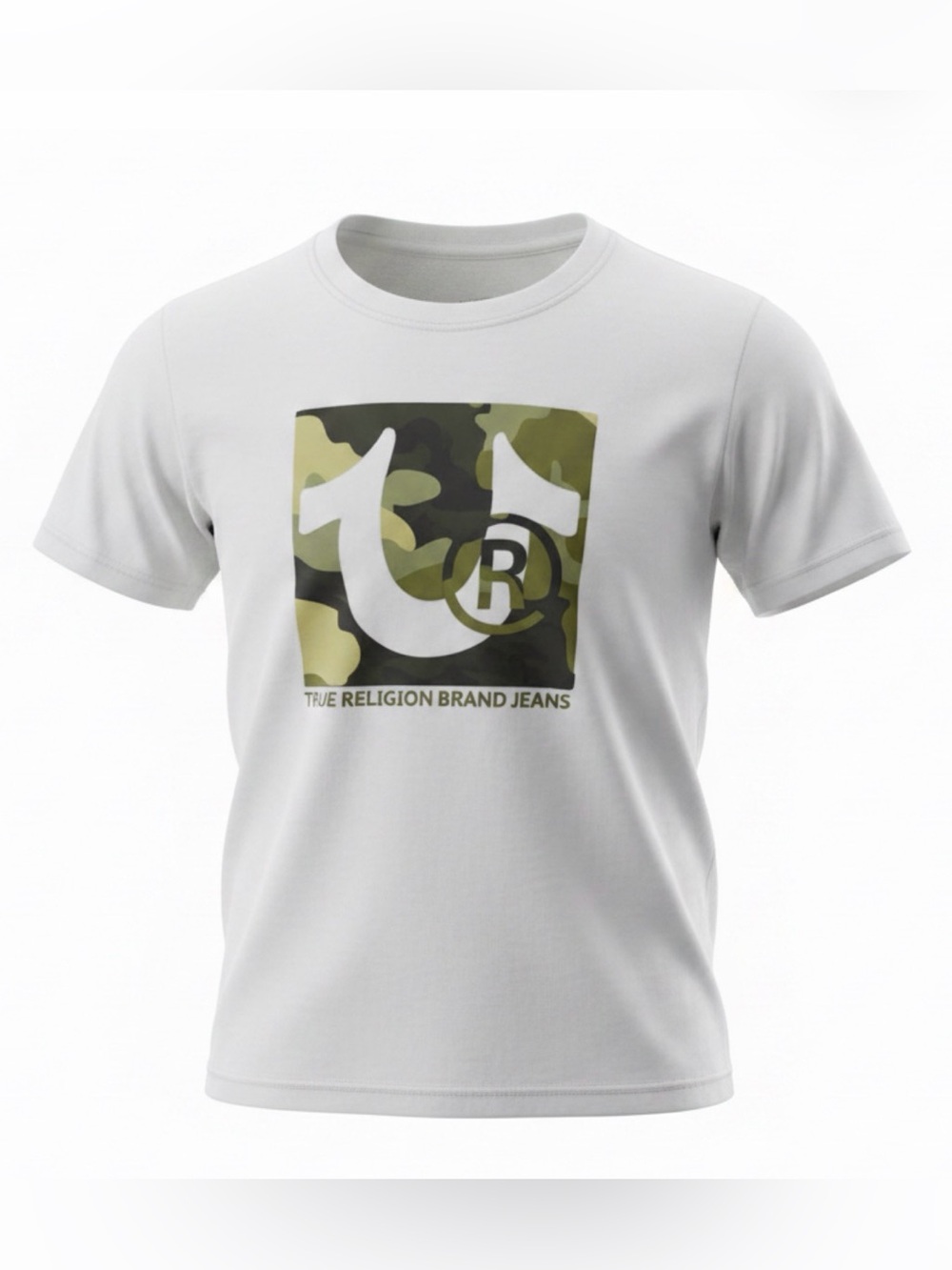 True Religion White Tee with Olive Green Camo Logo